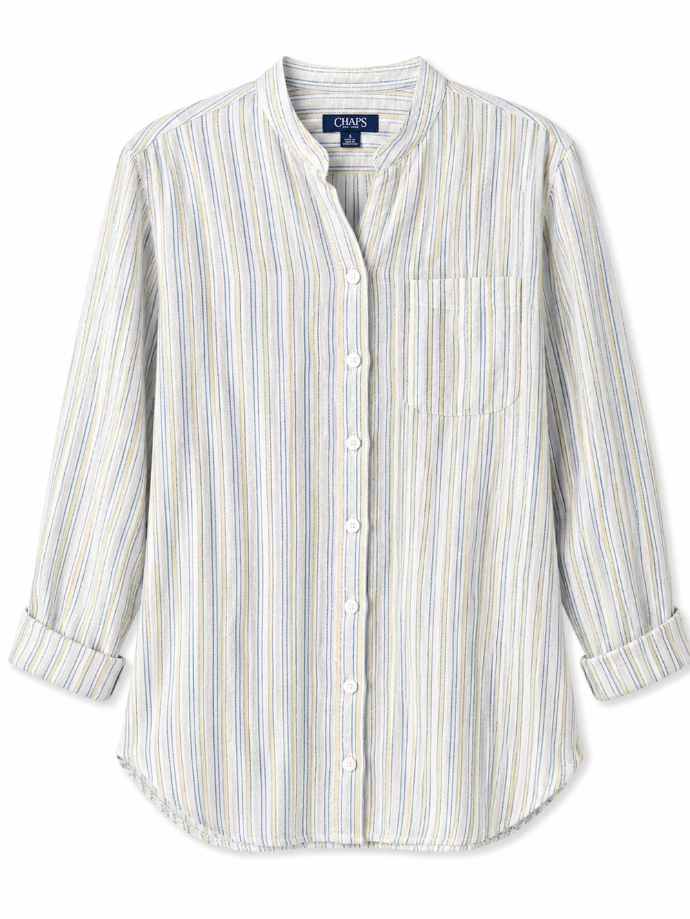 Chaps Women’s XL Linen Blend Striped Button Front Shirt Blue Yellow White Light